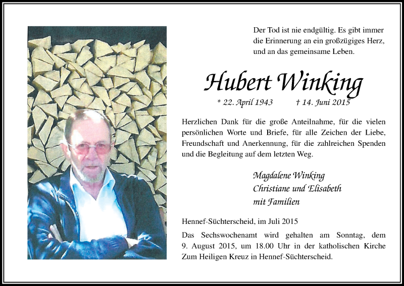  Traueranzeige für Hubert Winking vom 25.07.2015 aus Kölner Stadt-Anzeiger / Kölnische Rundschau / Express