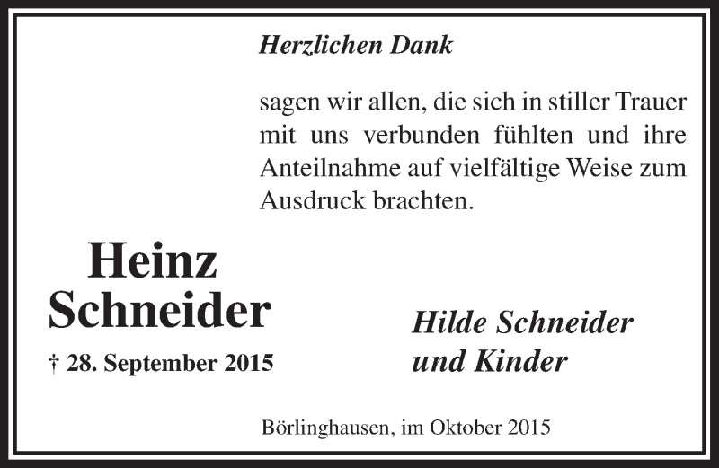  Traueranzeige für Heinz Schneider vom 21.10.2015 aus  Anzeigen Echo 