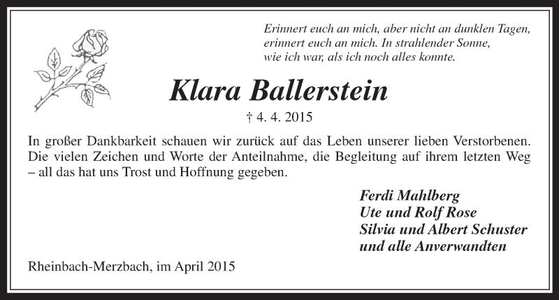  Traueranzeige für Klara Ballerstein vom 29.04.2015 aus  Schaufenster/Blickpunkt 