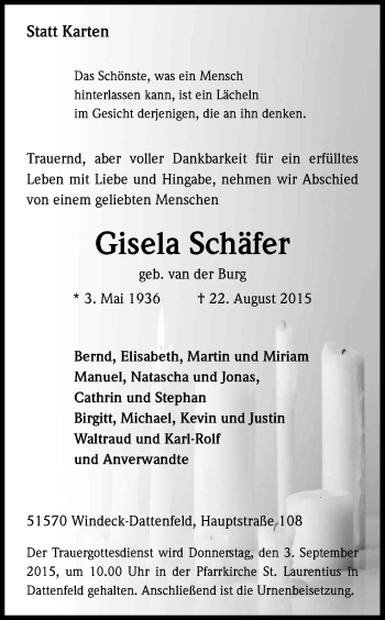 Anzeige von Gisela Schäfer von Kölner Stadt-Anzeiger / Kölnische Rundschau / Express
