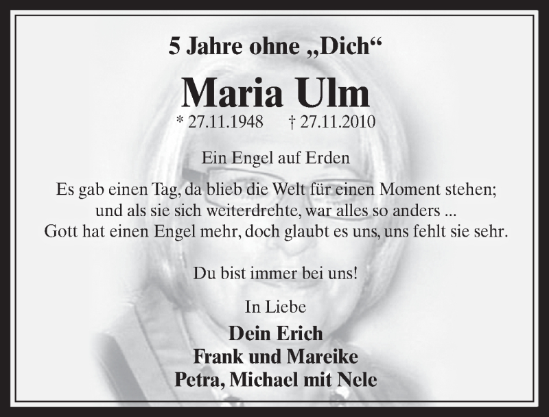  Traueranzeige für Maria Ulm vom 25.11.2015 aus  Wochenende 