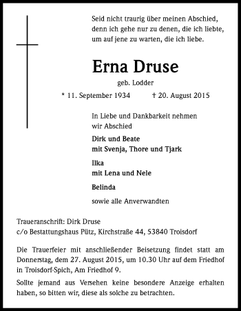 Anzeige von Erna Druse von Kölner Stadt-Anzeiger / Kölnische Rundschau / Express