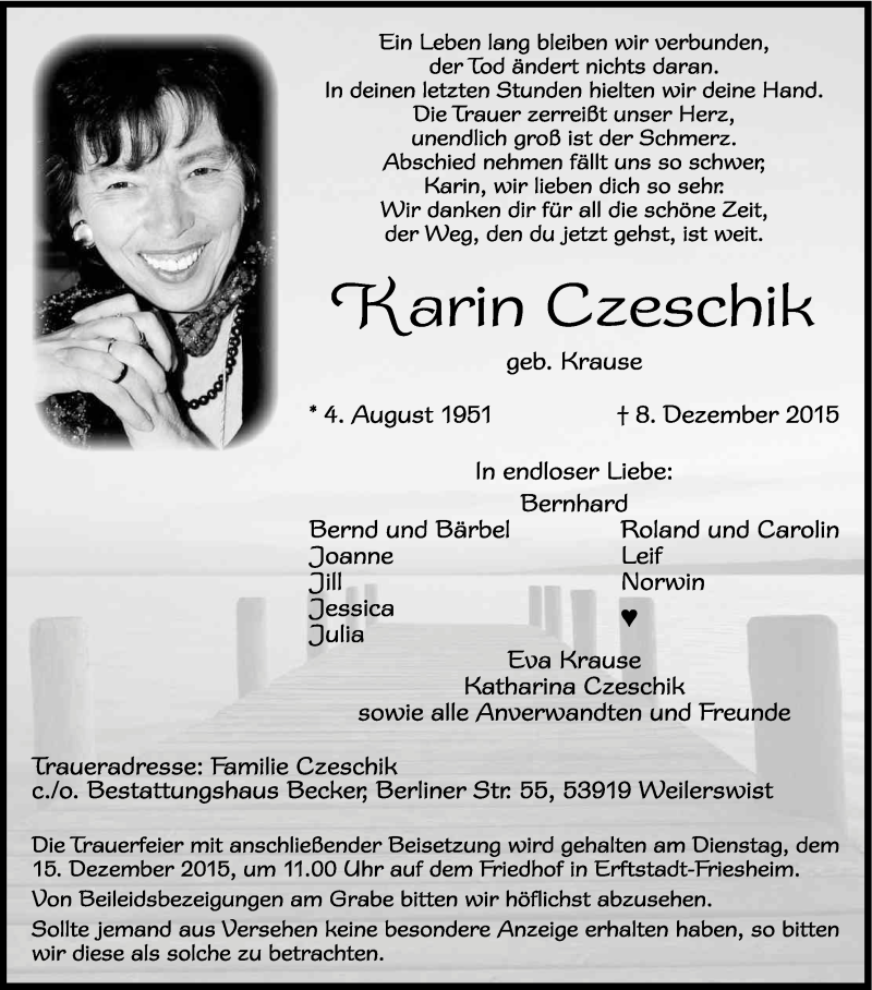  Traueranzeige für Karin Czeschik vom 12.12.2015 aus Kölner Stadt-Anzeiger / Kölnische Rundschau / Express