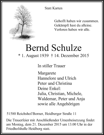 Anzeige von Bernd Schulze von Kölner Stadt-Anzeiger / Kölnische Rundschau / Express