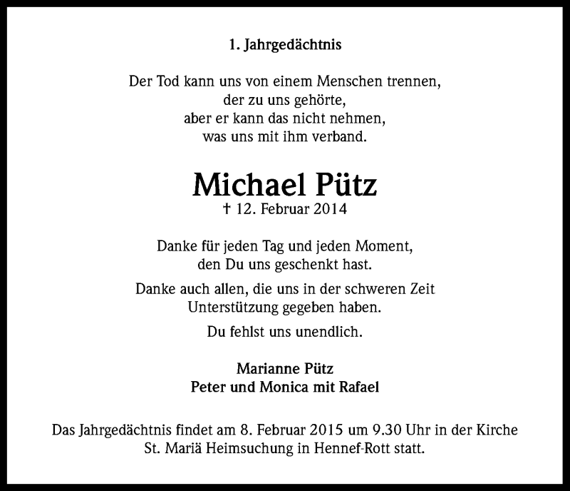  Traueranzeige für Michael Pütz vom 31.01.2015 aus Kölner Stadt-Anzeiger / Kölnische Rundschau / Express