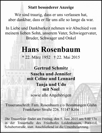 Anzeige von Hans Rosenbaum von  Kölner Wochenspiegel 