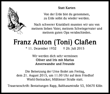 Anzeige von Franz Anton Claßen von Kölner Stadt-Anzeiger / Kölnische Rundschau / Express