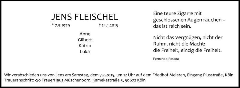  Traueranzeige für Jens Fleischel vom 31.01.2015 aus Kölner Stadt-Anzeiger / Kölnische Rundschau / Express