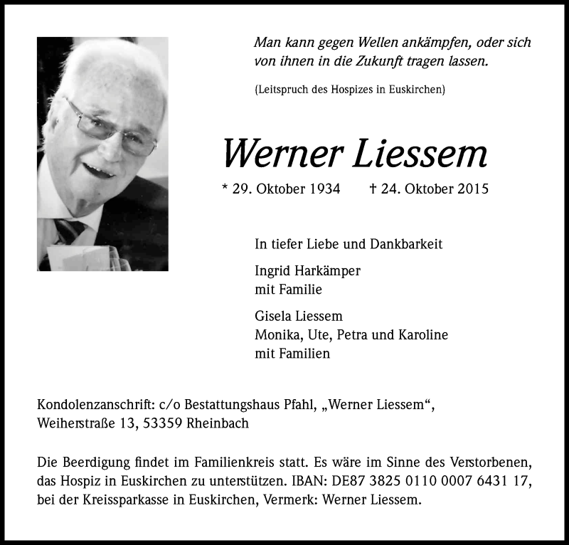  Traueranzeige für Werner Liessem vom 28.10.2015 aus Kölner Stadt-Anzeiger / Kölnische Rundschau / Express
