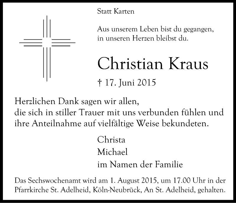  Traueranzeige für Christian Kraus vom 18.07.2015 aus Kölner Stadt-Anzeiger / Kölnische Rundschau / Express