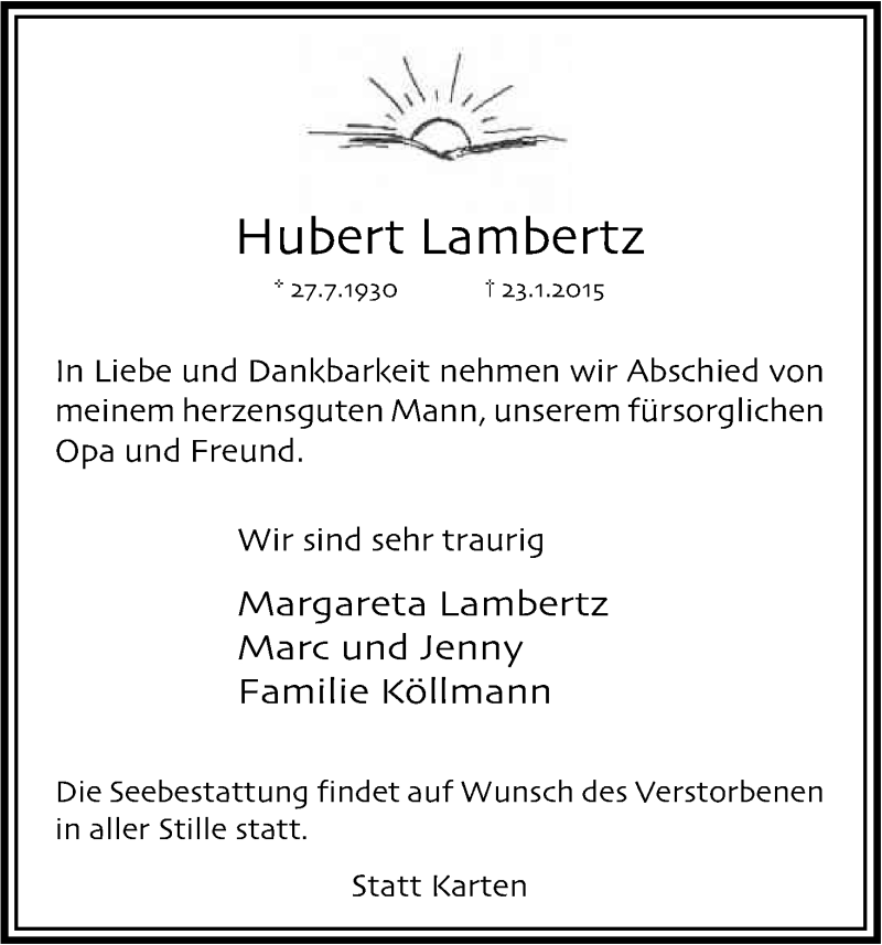 Traueranzeige für Hubert Lambertz vom 31.01.2015 aus Kölner Stadt-Anzeiger / Kölnische Rundschau / Express