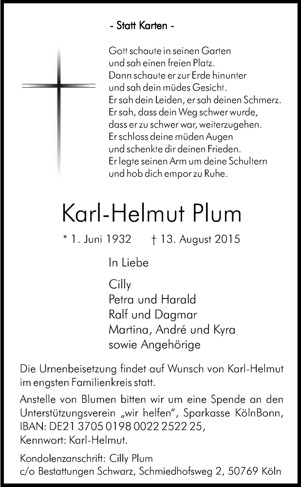  Traueranzeige für Karl-Helmut Plum vom 22.08.2015 aus Kölner Stadt-Anzeiger / Kölnische Rundschau / Express