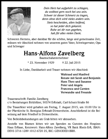 Anzeige von Hans-Alfons Zavelberg von Kölner Stadt-Anzeiger / Kölnische Rundschau / Express