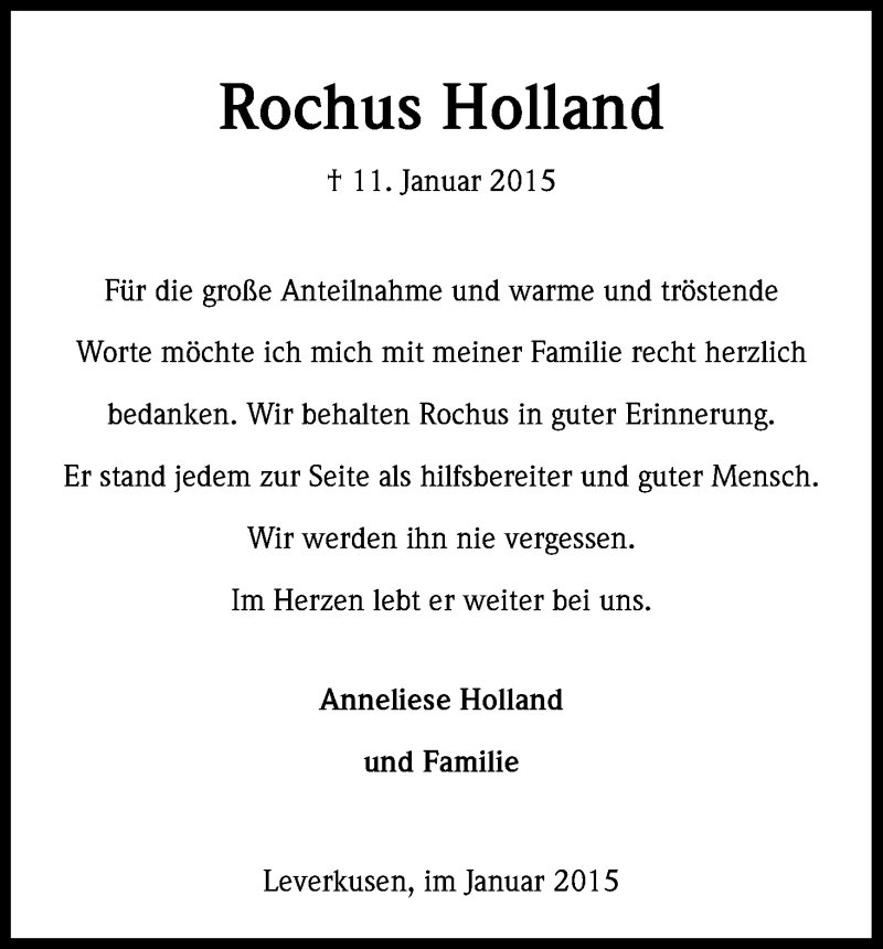  Traueranzeige für Rochus Holland vom 31.01.2015 aus Kölner Stadt-Anzeiger / Kölnische Rundschau / Express