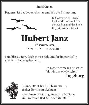 Anzeige von Hubert Janz von  Schlossbote/Werbekurier 