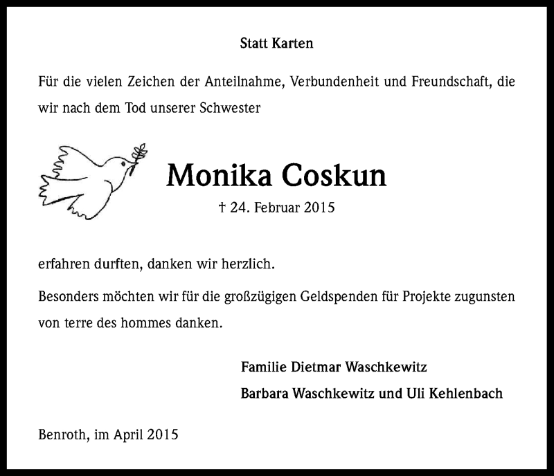 Traueranzeige für Monika Coskun vom 11.04.2015 aus Kölner Stadt-Anzeiger / Kölnische Rundschau / Express