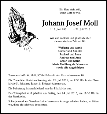 Anzeige von Johann Josef Moll von Kölner Stadt-Anzeiger / Kölnische Rundschau / Express