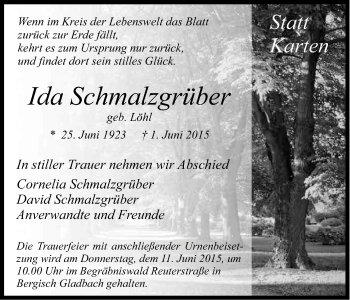 Anzeige von Ida Schmalzgrüber von Kölner Stadt-Anzeiger / Kölnische Rundschau / Express