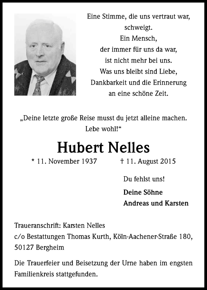  Traueranzeige für Hubert Nelles vom 29.08.2015 aus Kölner Stadt-Anzeiger / Kölnische Rundschau / Express