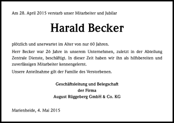 Anzeige von Harald Becker von Kölner Stadt-Anzeiger / Kölnische Rundschau / Express