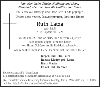 Anzeige von Ruth Latza von  Kölner Wochenspiegel 