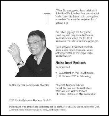 Anzeige von Heinz-Josef Bosbach von Kölner Stadt-Anzeiger / Kölnische Rundschau / Express