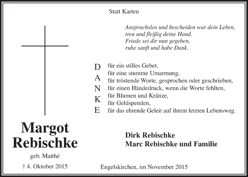 Traueranzeige für Margot Rebischke vom 25.11.2015 aus  Anzeigen Echo 