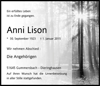 Anzeige von Anni Lison von Kölner Stadt-Anzeiger / Kölnische Rundschau / Express