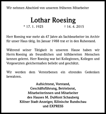 Anzeige von Lothar Roesing von Kölner Stadt-Anzeiger / Kölnische Rundschau / Express
