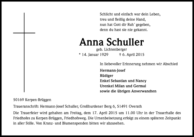 Traueranzeige für Anna Schuller vom 11.04.2015 aus Kölner Stadt-Anzeiger / Kölnische Rundschau / Express