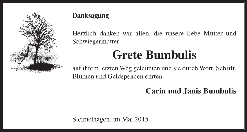  Traueranzeige für Grete Bumbulis vom 20.05.2015 aus  Lokalanzeiger 