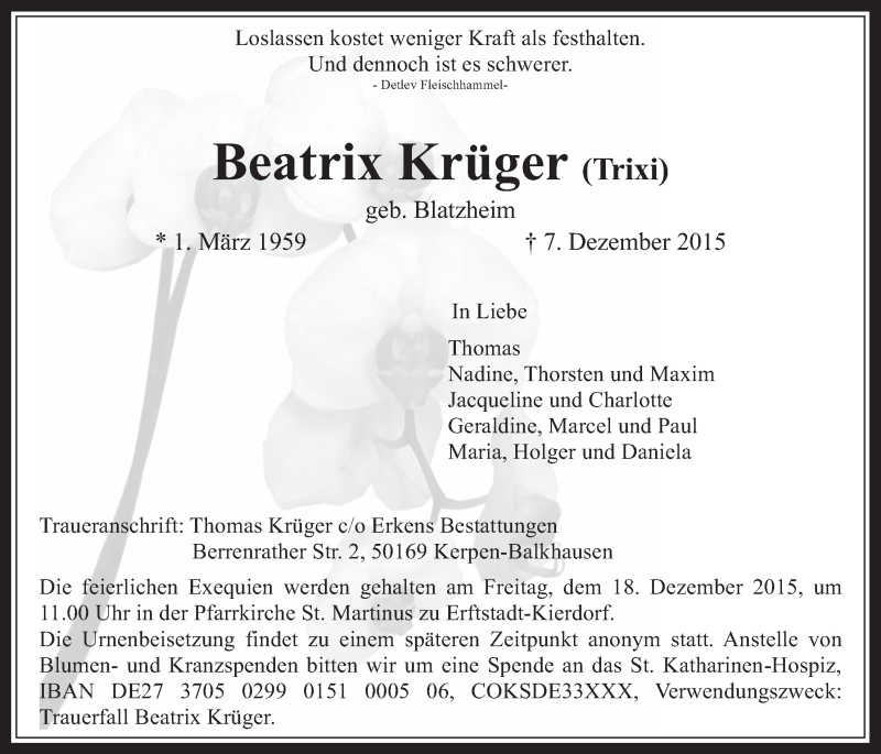  Traueranzeige für Beatrix Krüger vom 12.12.2015 aus  Sonntags-Post 