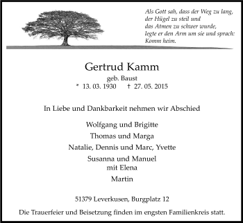 Anzeige von Gertrud Kamm von Kölner Stadt-Anzeiger / Kölnische Rundschau / Express