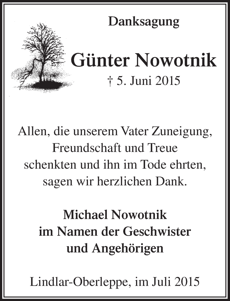  Traueranzeige für Günter Nowotnik vom 15.07.2015 aus  Anzeigen Echo 