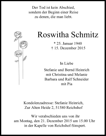 Anzeige von Roswitha Schmitz von Kölner Stadt-Anzeiger / Kölnische Rundschau / Express
