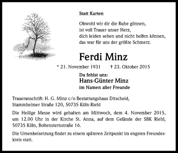 Anzeige von Ferdi Minz von Kölner Stadt-Anzeiger / Kölnische Rundschau / Express