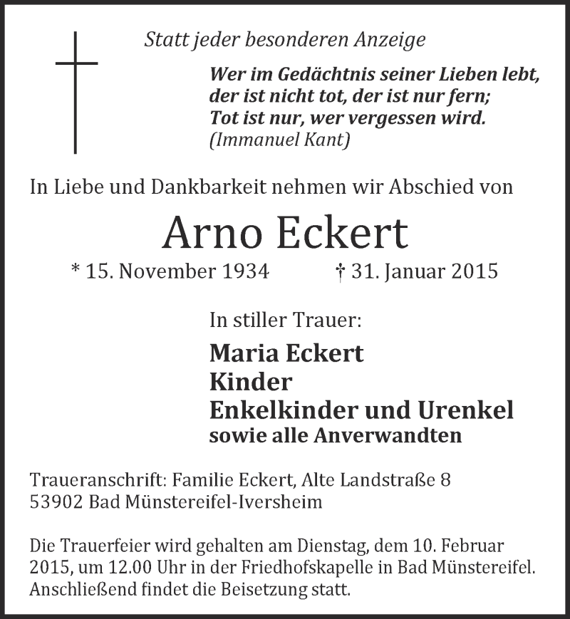  Traueranzeige für Arno Eckert vom 08.02.2015 aus  Blickpunkt Euskirchen 
