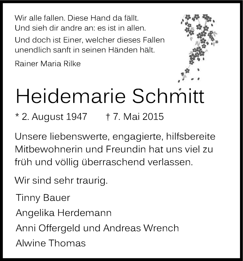  Traueranzeige für Heidemarie Schmitt vom 23.05.2015 aus Kölner Stadt-Anzeiger / Kölnische Rundschau / Express