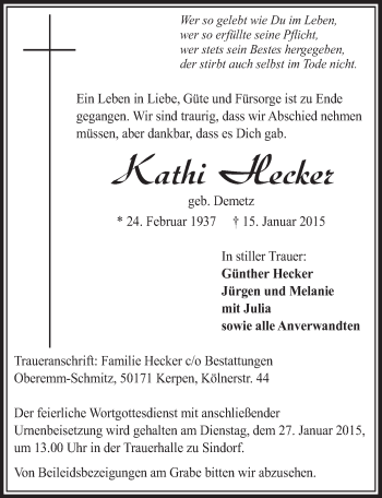 Anzeige von Kathi Hecker von  Sonntags-Post 
