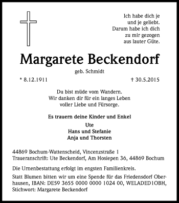 Anzeige von Margarete Beckendorf von Kölner Stadt-Anzeiger / Kölnische Rundschau / Express