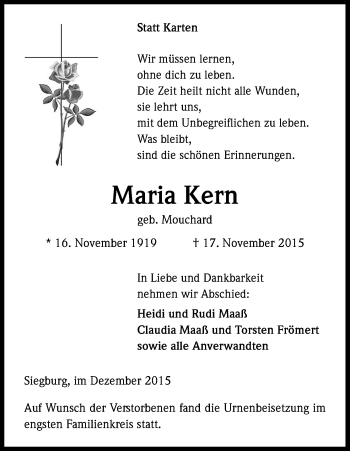 Anzeige von Maria Kern von Kölner Stadt-Anzeiger / Kölnische Rundschau / Express