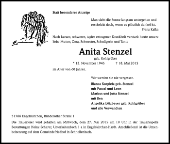 Anzeige von Anita Stenzel von Kölner Stadt-Anzeiger / Kölnische Rundschau / Express
