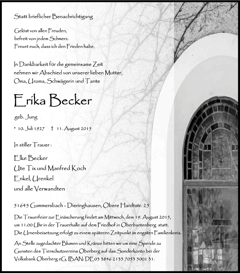  Traueranzeige für Erika Becker vom 15.08.2015 aus Kölner Stadt-Anzeiger / Kölnische Rundschau / Express