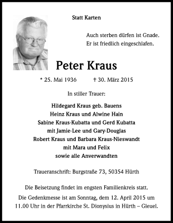 Anzeige von Peter Kraus von Kölner Stadt-Anzeiger / Kölnische Rundschau / Express