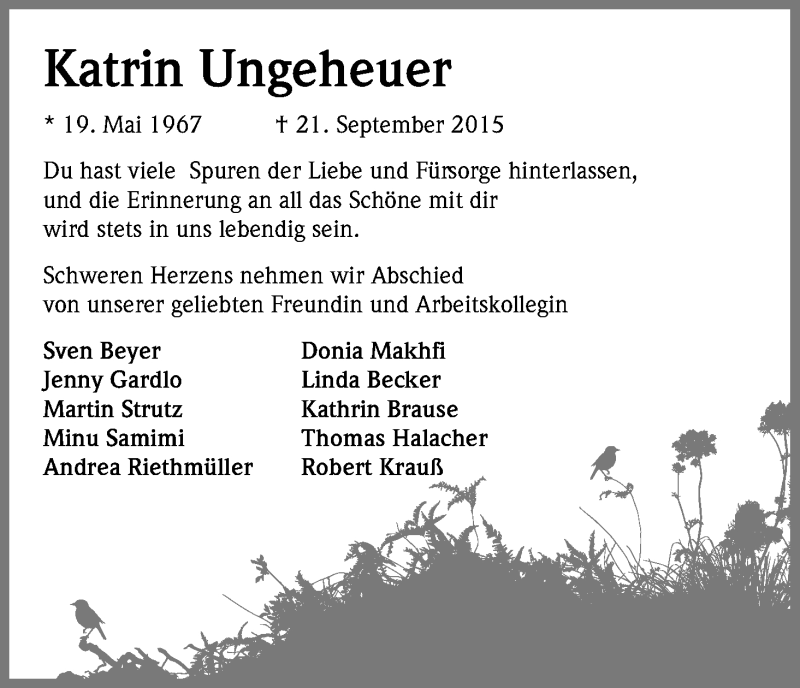  Traueranzeige für Katrin Ungeheuer vom 29.09.2015 aus Kölner Stadt-Anzeiger / Kölnische Rundschau / Express