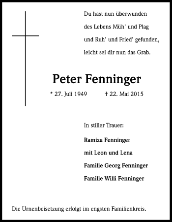 Anzeige von Peter Fenninger von Kölner Stadt-Anzeiger / Kölnische Rundschau / Express