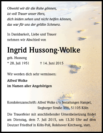 Anzeige von Ingrid Hussong-Wolke von Kölner Stadt-Anzeiger / Kölnische Rundschau / Express