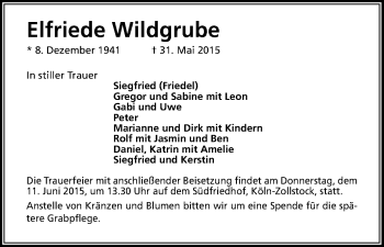 Anzeige von Elfriede Wildgrube von Kölner Stadt-Anzeiger / Kölnische Rundschau / Express