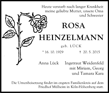 Anzeige von Rosa Heinzelmann von Kölner Stadt-Anzeiger / Kölnische Rundschau / Express