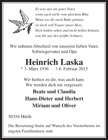 Anzeige von Heinrich Laska von  Wochenende 